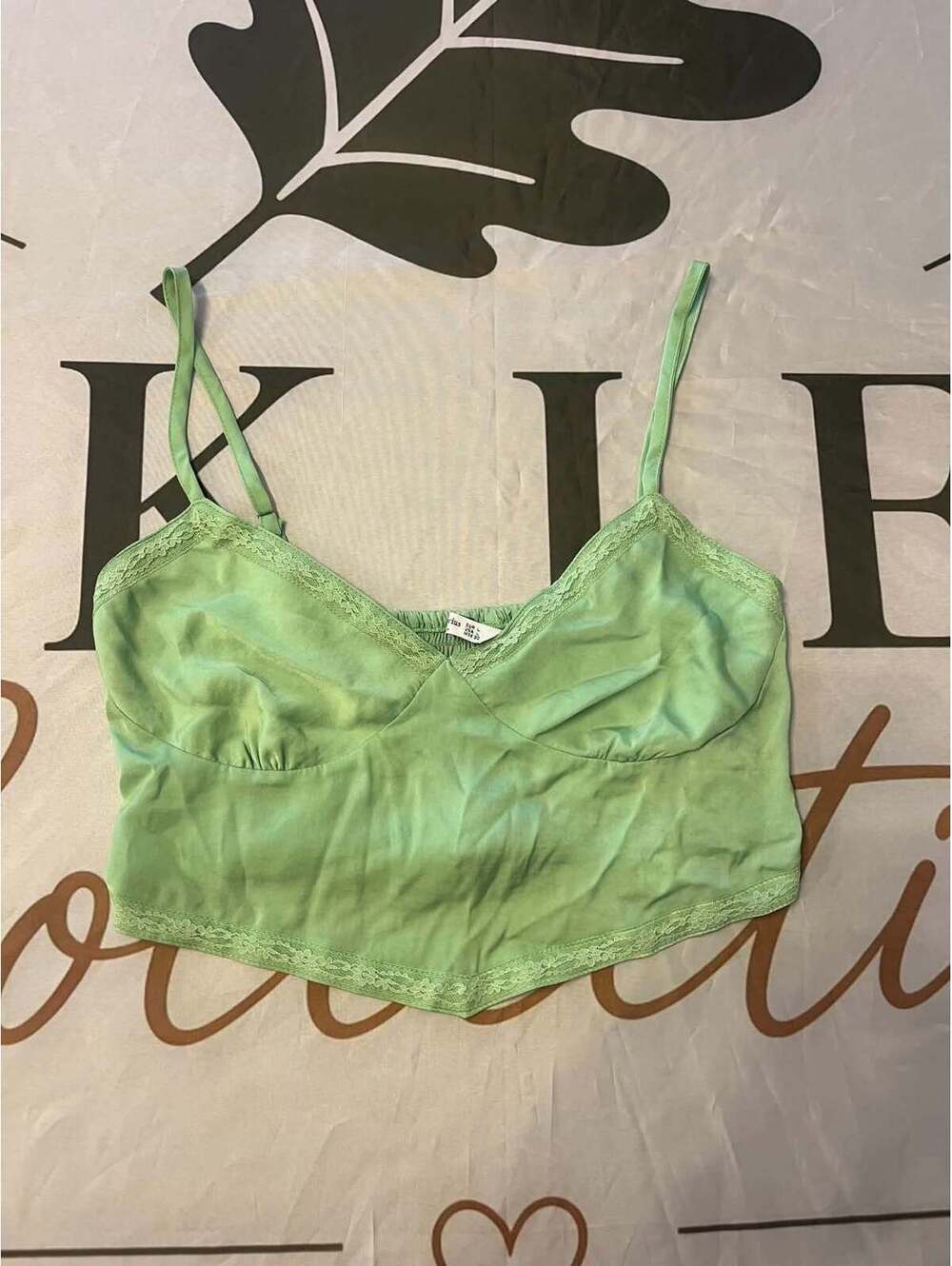 Stradivarius Light Green Lace Trim Crop Tank Top, Size L